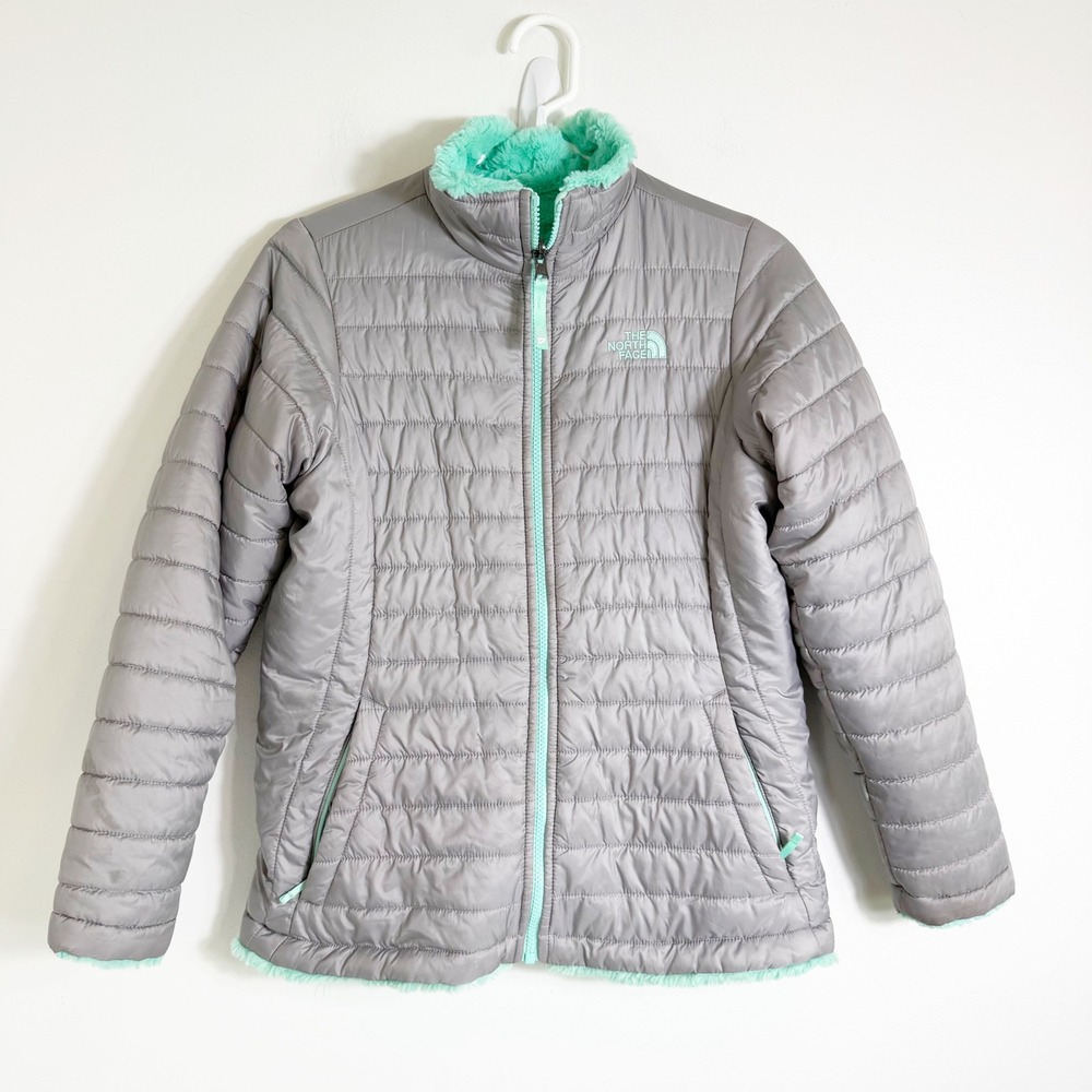 The North Face Reversible Jacket Girls XL 18 Gray Mint Mossbud Swirl Puffer